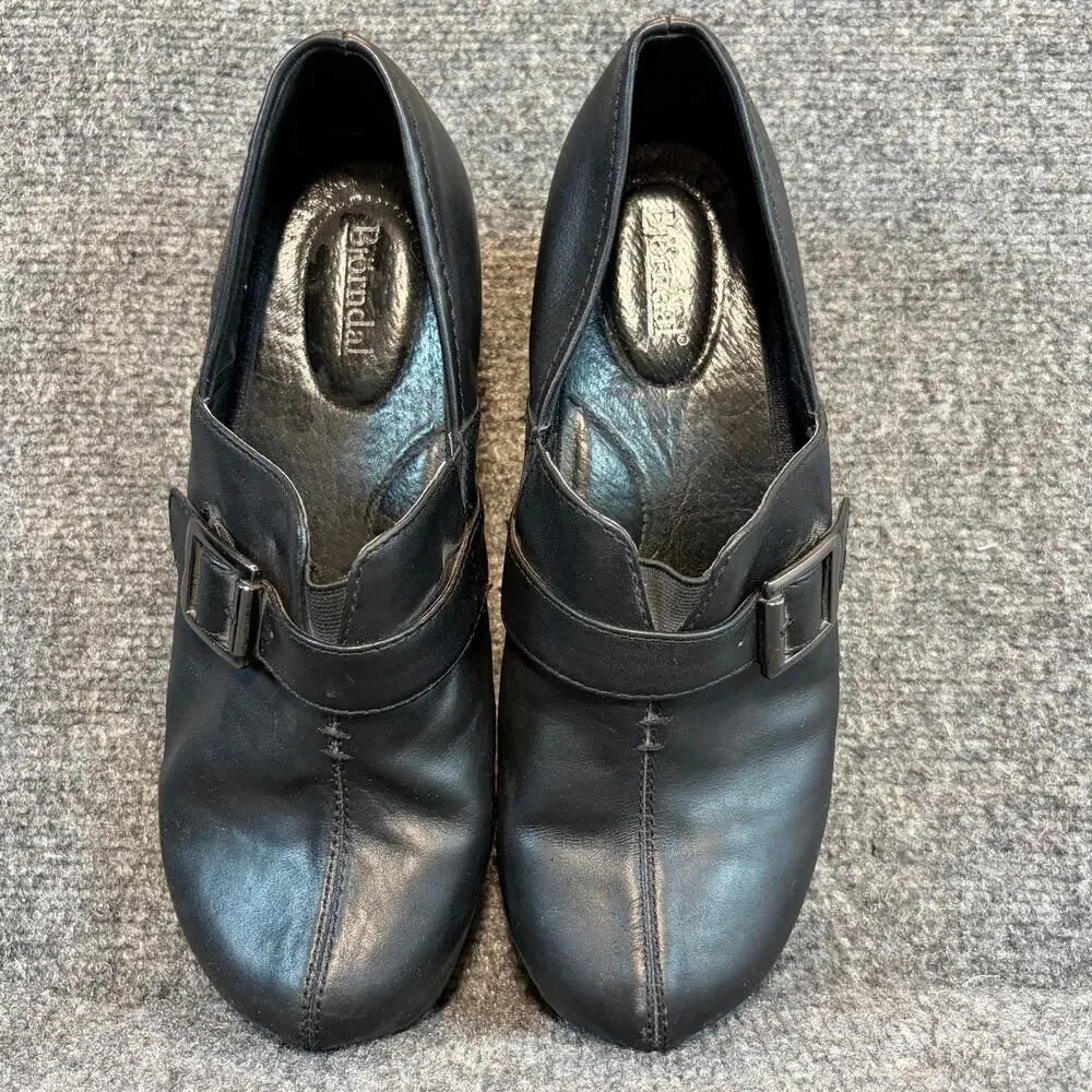 Bjorndal Black Leather Buckle Strap Clogs Wedge Comfort Mules Shoes Size 8.5